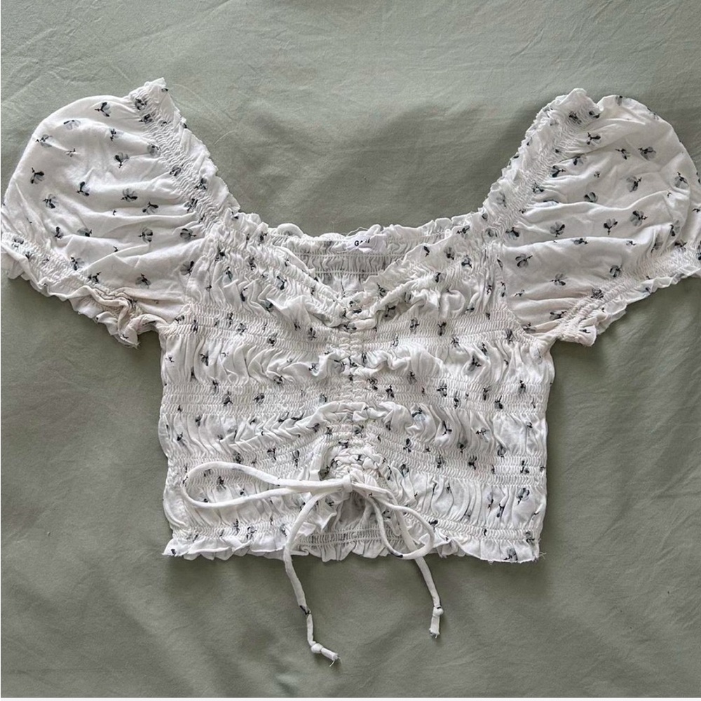 Garage White Puff Sleeve Smocked Blouse